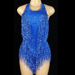 Sparkly Crystals Fringes Bodysuit Tassel Leotard Costume One-Piece Clothing